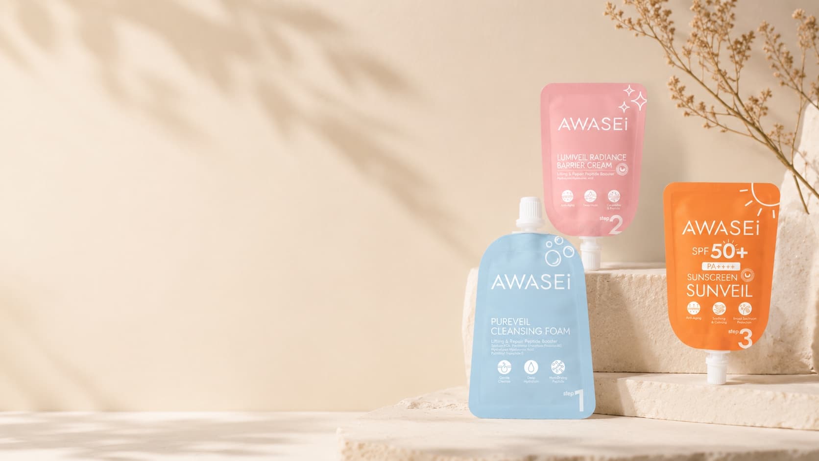 Three Awasei products arranged on ivory stone in gentle sunlight