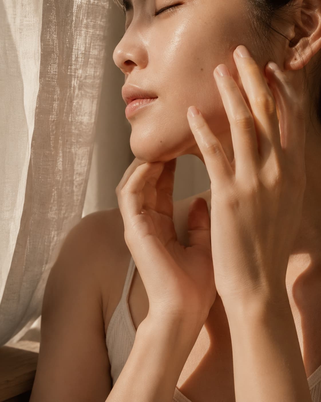 A woman gently caring for her face in morning light beside a linen-curtained window